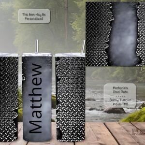 Personalizable Skinny Tumbler in Mechanic's Steel Plate