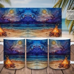 Beautiful 3D Ocean Bonfire Design on a Ceramic Mug