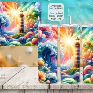 Beautiful Skinny Tumbler featuring a Lighthouse and Rainbow Waves Design