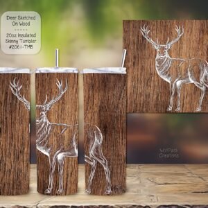 The Perfect Hunting Companion: Insulated Tumbler featuring a Deer Sketched onto Wood Background