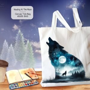 White Polyester Tote Bag: Beautiful Wolf Howling at the Moon