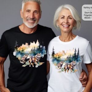 Unisex Polyester Short Sleeve Shirt: Beautiful Wolves Hunting in the Forest