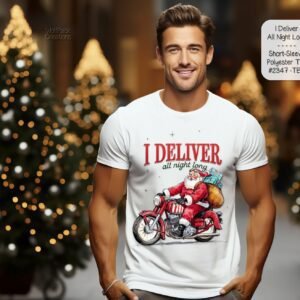 Beautiful and Festive Short Sleeve Shirt: Santa Delivers All Night Long