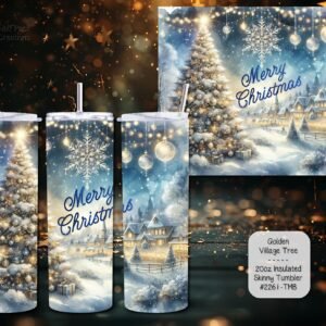 Beautiful and Stylish Holiday Stainless Steel Tumbler: Golden Village Tree