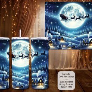 Beautiful Holiday Stainless Steel Tumbler: Santa Over the Village