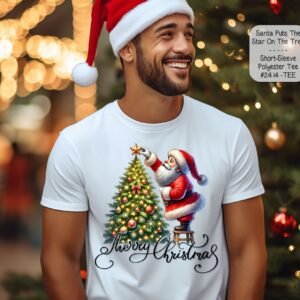 Beautiful Short Sleeve Shirt: Santa Puts the Star On