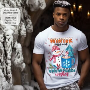 Beautiful Holiday Short Sleeve Shirt: Winter Kisses and Snowflake Wishes