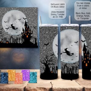 Enchanting 20-Ounce Insulated Stainless Steel Skinny Tumbler featuring a Witch on Glitter