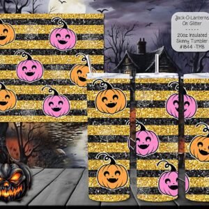 Illuminate Your Halloween with the Perfect Skinny Tumbler Adorned with Jack-o'-Lanterns and Glitter