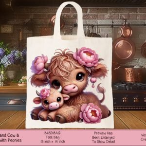 Highland Cow Tote Bag - Pink flowers, Peonies Design, Polyester