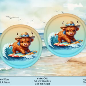 Highland Cow Car Coaster - Round Neoprene, 2.75" - Surfing Wave & Water