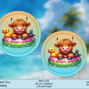 Highland Cow Car Coaster Set - Neoprene, 2.75", Summer Beach Vibe