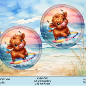 Neoprene Car Coaster with Highland Cow Surfing Design