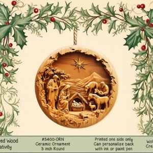 3" Ceramic Christmas Ornament - Nativity Scene with Carved Wood-Look