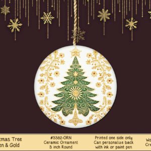3" Round Ceramic Christmas Ornament in Green and Gold for Holiday Cheer