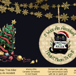 3" Round Ceramic Christmas Ornament with Cat and Tree Design