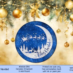 Feliz Navidad Ceramic Christmas Ornament 3" Round - Winter Sleigh & Reindeer