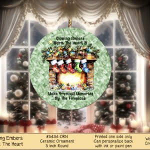 Cheerful Fireplace & Stockings Christmas Ornament - Ceramic Round Green