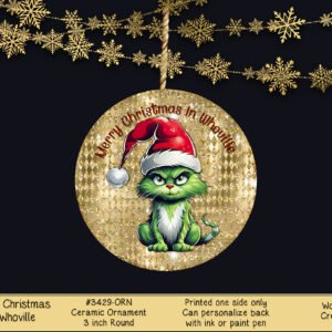 Whoville Inspired Cat Christmas Ornament with Santa Hat - Ceramic Round Gold Decor