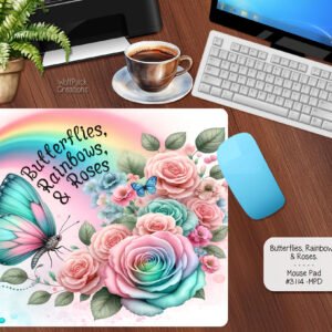 Colorful Butterfly & Roses Mousepad - Pink, Blue, Yellow, Green